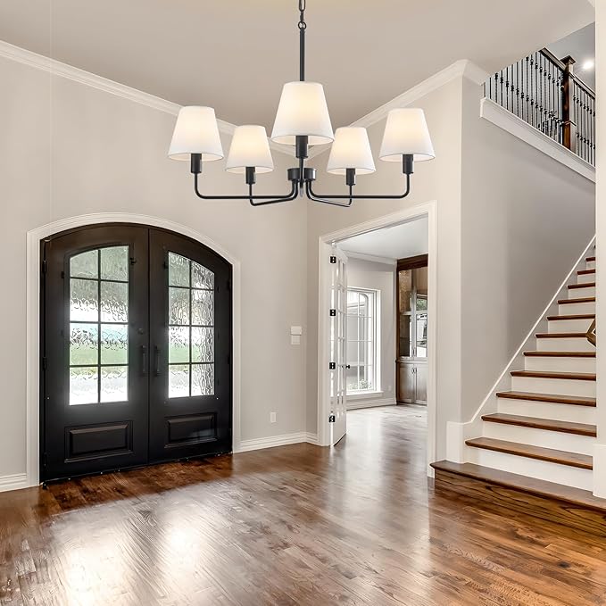 29.52" Black Farmhouse Chandelier with Fabric Shade, 5-Arm Vintage Modern Dining Room Light Fixture, Kitchen Island Pendant Hanging Foyer Light Fixture for Entryway Hallway Living Room Over Table
