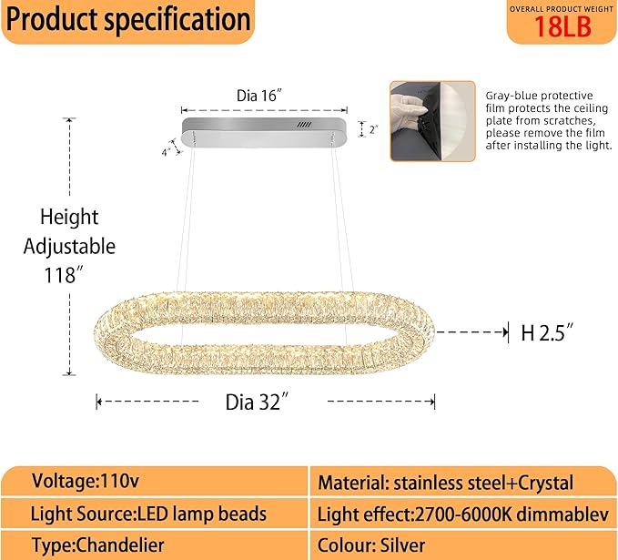 Oval Crystal Chandelier, 31.5'' Chrome Crystal Ring Pendant Light for Kitchen Island Modern Linear Oval Chandeliers for Dining Room Dimmable 3000K-6000K