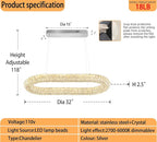 Oval Crystal Chandelier, 31.5'' Chrome Crystal Ring Pendant Light for Kitchen Island Modern Linear Oval Chandeliers for Dining Room Dimmable 3000K-6000K