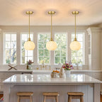 Brushed Gold Pendant Lights Kitchen Island 2 Pack, 7.3" Milk Glass Modern Pendant Light Fixtures with Rods, Globe Hanging Lighting for Kitchen Sink Bathroom Dining Room, E26 Base