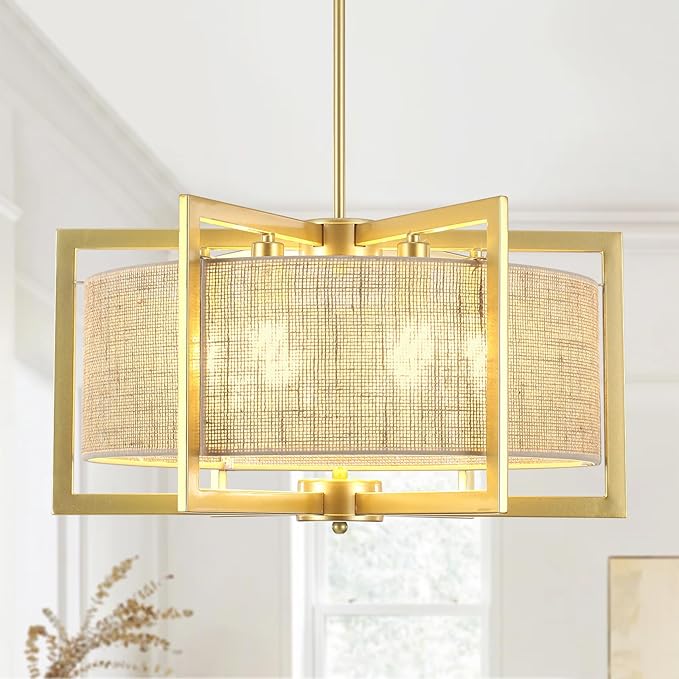 ALISADABOY Sprayed Gold Chandelier for Dining Room 21.25’’ Modern Farmhouse Geometric Drum Chandelier Industrial 6 Light Pendant Light Fixtures for Kitchen Island Entryway Foyer Hallway