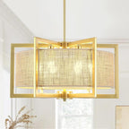 ALISADABOY Sprayed Gold Chandelier for Dining Room 21.25’’ Modern Farmhouse Geometric Drum Chandelier Industrial 6 Light Pendant Light Fixtures for Kitchen Island Entryway Foyer Hallway