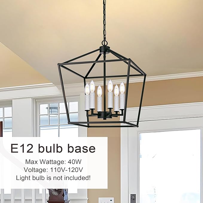 MELUCEE Rustic Open Cage Chandelier 6 Lights in Black Farmhouse Lantern Hanging Ceiling Light Large Pendant Light with White Candle-Shaped Socket for Hallway Dining Room Kitchen Island, E12 Base