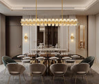 Crystal Brass Rectangle Chandeliers for Dining Room, 54in Gold Farmhouse Chandeliers for Dining Room, Modern Rectangle Crystal Chandelier for Kitchen Island Living Room, Includes 60XG4 Bulbs