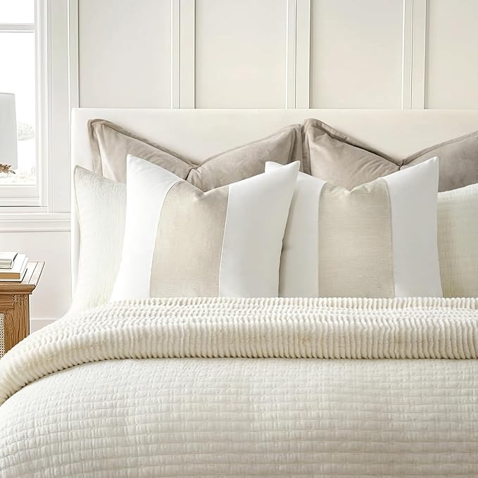 EVERGRACE x Kinsey Walsh Signature Velvet Panel Cotton Pillow Covers Set of 2, Decorative Pillow Covers 20"x20" for Couch, Square Cushion Cases for Sofa Bedroom Living Room, Off White Pearl
