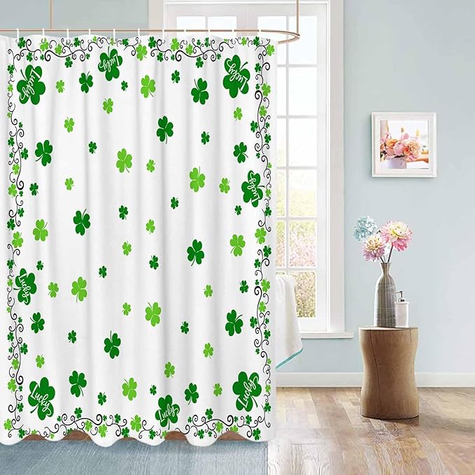 St. Patrick's Day Shower Curtain, Green Shamrock Irish Clover Shower Curtains Set with Hooks, Seasonal Spring Holiday Waterproof Fabric Bathroom Curtains Decor Home Accessories,72X 96 Inch Extra Long
