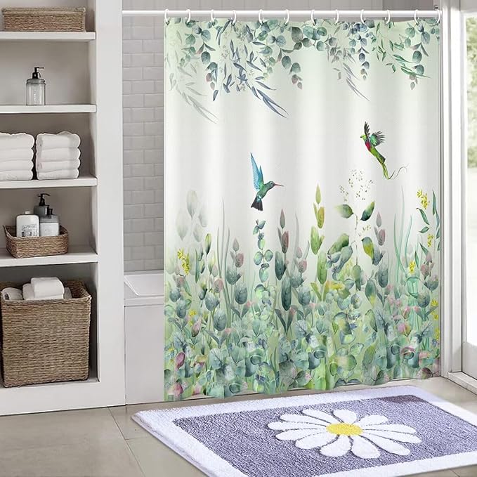 Green Leaf Shower Curtain - 72"W x 78"L with 12 Hooks, Weighted Hem, Waterproof, Sage Green