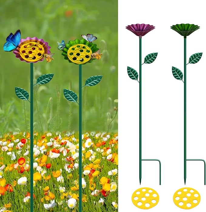 2 Packaged Bee Watering Stations, Garden Bee Bathtubs, Metal Bee Water Replenishers, Floral Designs, Outdoor Garden Courtyard Decorative Colorful Butterfly Bee Bath Bowls (Green,Purple)