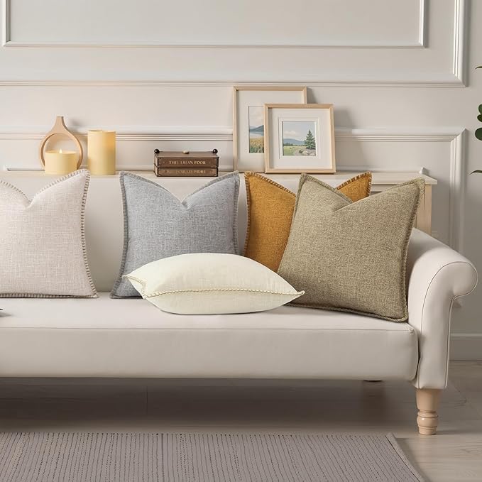 decorUhome Decorative Outdoor Throw Pillow Covers 26x26 Set of 2, Square Linen Rustic Neutral Farmhouse Euro Pillow Covers with Stitched Edge for Couch, Sofa, Living Room, Bronze Gold