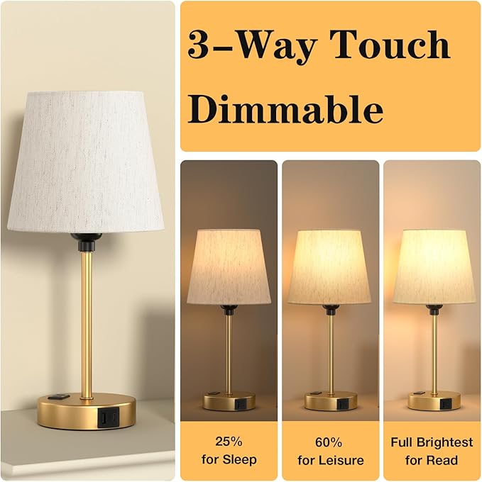 Lamp for bedrooms Set of 2 - Nightstand Bedroom Lamp with USB C Port and AC Outlet Charging, 3 Way Dimmable Touch Control Bed Side Table Lamp, Small Night Stand Light for Kids/Guest Room