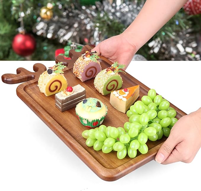 Renawe Large Acacia Wood Platter for Christmas Charcuterie Board Festive Fruit Veggie Trays Wooden Cheese Board Xmas Kitchen Decor Gift Holiday Cookie Platters Food Serving Dish Plate Christmas Tray