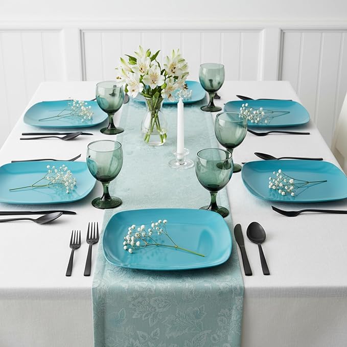 TP 10.5" Melamine Square Dinner Plates, 6-piece Plate Set Unbreakable Serving Dishes for Indoors and Outdoors, Unbreakable Dinner Service for 6, Teal