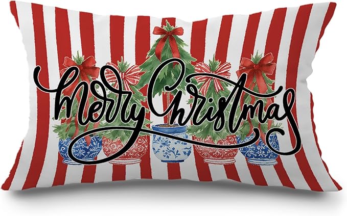 JINYO Red and Blue Chinoiserie Christmas Tree Pillow Covers 12x20, Grandmillennial Christmas Decor, Red Bow Xmas Tree Striped Lumbar Pillow Covers for Home Living Room Bedroom Sofa Couch