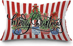 JINYO Red and Blue Chinoiserie Christmas Tree Pillow Covers 12x20, Grandmillennial Christmas Decor, Red Bow Xmas Tree Striped Lumbar Pillow Covers for Home Living Room Bedroom Sofa Couch