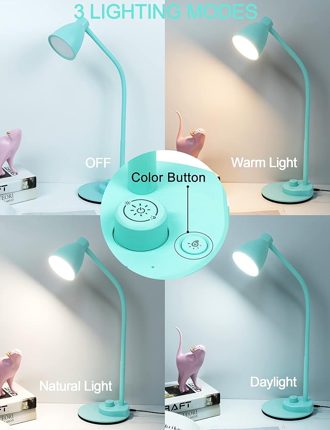BOHON LED Desk Lamp with USB Charging Port, 3 Color Modes Fully Dimmable Reading Lamp, Auto Dimming Task Lamp, Flexible Gooseneck Table Light for Office Dorm Bedside, Adapter Include, Teal