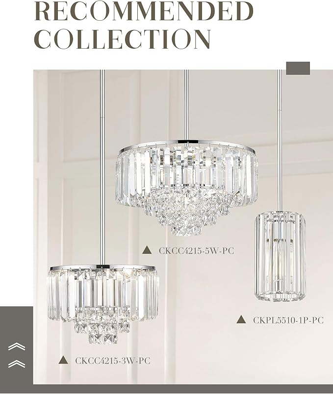15'' Crystal Chandelier, 5-Tier Modern Chandelier with Polished Chrome Finish, Pendant Light for Dinning Room Kitchen Island Bedroom Entryway, CC4215-5W-PC