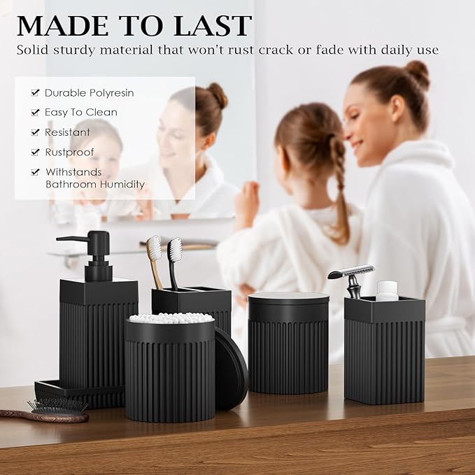 6-Piece Black Bathroom Set - Sleek Resin Organizer with Soap Dispenser, Toothbrush Holder, Vanity Tray, Tumbler & Apothecary Jars for Small Spaces