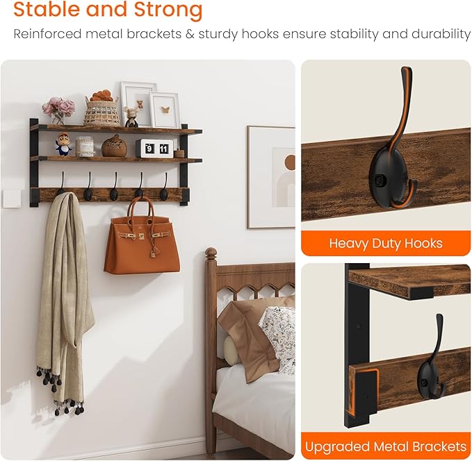 Homode Coat Rack Wall Mount with Shelf, Two-Tier Entryway Wall Shelf with Hooks, 24 in Wood Floating Storage Shelves, Coat Hanger for Hanging Hat Towel Jacket Purse Backpack, Rustic Brown