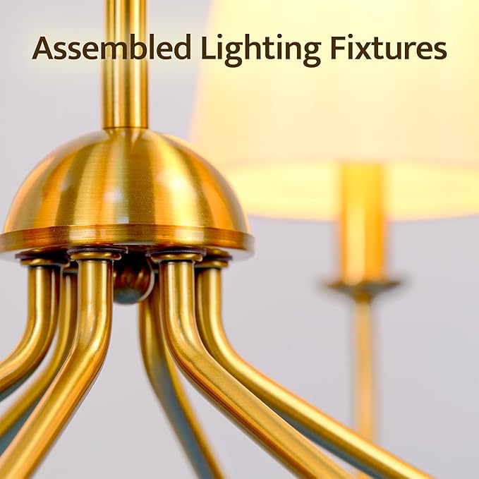 Gold Chandelier, Brushed Brass with Beige Fabric Shade, 6-Light 28" Modern Farmhouse Linear Pendant Lighting Fixture for Kitchen Island