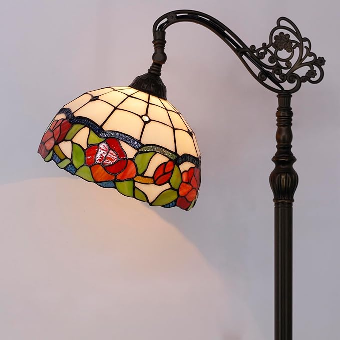 Tiffany Floor Lamp Stained Glass Rose Flower Style Arched Reading Light Gooseneck Adjustable Corner Standing Lamp 12X16X66 Inch for Bedroom Living Room Home Office
