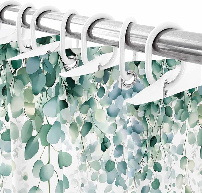Fall Thanksgiving Shower Curtain, Teal White Pumpkin Shower Curtains Set with Hooks, Floral Sage Green Eucalyptus Leaves Waterproof Fabric Bathroom Curtains Decor Home Accessories,72 X 72 Inch Long