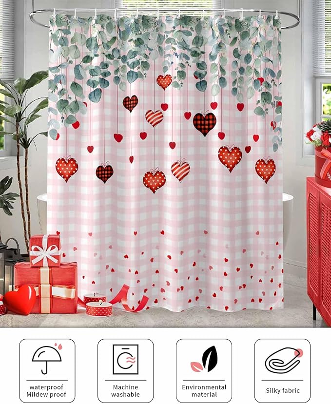 Eucalyptus Love Hearts Valentine's Day Shower Curtain, Pink Buffalo Plaid Shower Curtains Set with Hooks, Waterproof Fabric Bathroom Curtains Decor Home Accessories, Stall Long 36 X 78 Inch