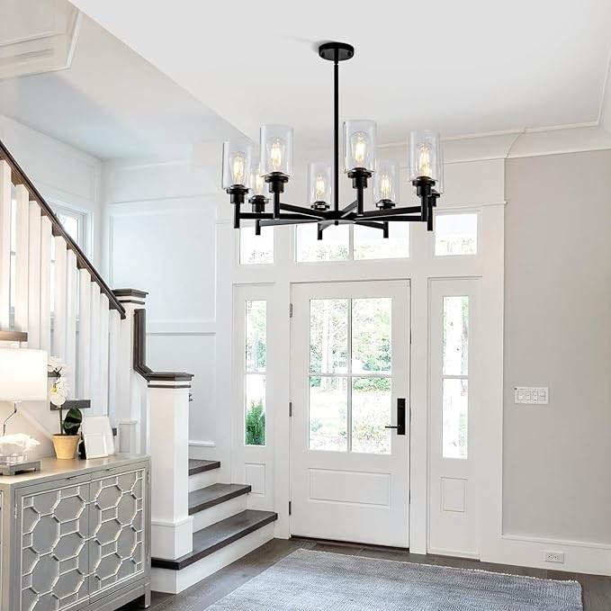 8 Light Black Chandeliers for Dining Room Light fixtures Over Table Modern Farmhouse Chandelier Industrial Hanging Pendant Lighting for Living Room Foyer Kitchen Table with Glass Shade