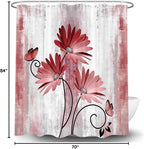 Rustic Farmhouse Shower Curtain, Farm Red Daisy Floral Flowers and Butterfly on Country Wooden Shower Curtain for Bathroom, Light Burgundy Gray Grey Shower Curtain with 12PCS Hooks, 70X84IN