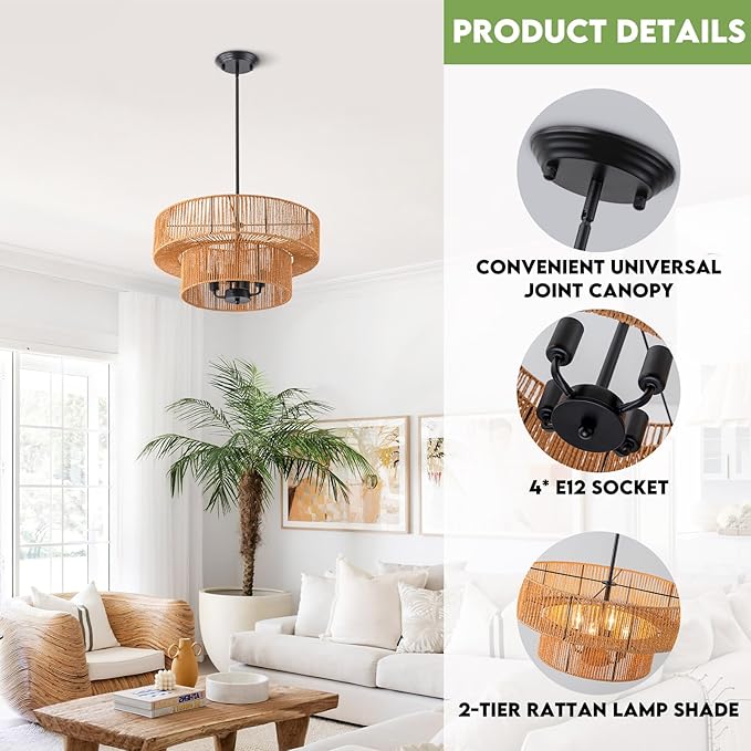 Rattan Pendant Light Boho Wicker Chandelier Kitchen Island Lighting 2-Tier Drum Basket Hanging Light Woven Shade Dinning Room Light Fixture Living Room Bedroom Entrance Farmhouse Chandeliers