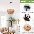 Rattan Pendant Light Boho Wicker Chandelier Kitchen Island Lighting 2-Tier Drum Basket Hanging Light Woven Shade Dinning Room Light Fixture Living Room Bedroom Entrance Farmhouse Chandeliers