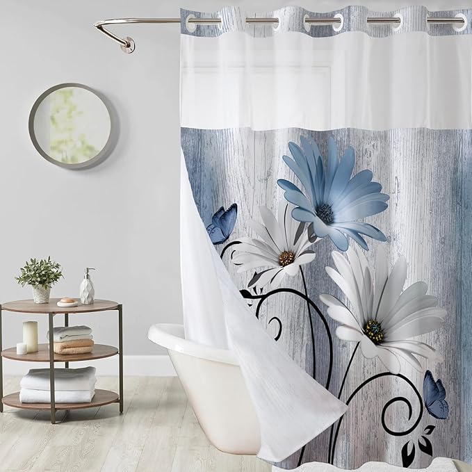 Muuyi Blue Watercolor Floral Shower Curtain,No Hook Shower Curtain,Polyester Shower Curtains with Snap in Fabric,Sheer Top Window for Bathroom Decor,Waterproof & Washable,72W x 81L Inch