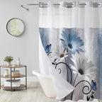 Muuyi Blue Watercolor Floral Shower Curtain,No Hook Shower Curtain,Polyester Shower Curtains with Snap in Fabric,Sheer Top Window for Bathroom Decor,Waterproof & Washable,72W x 87L Inch