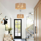 Boho Large Rattan Chandelier, 5-Lights Woven Pendant Light Fixture, 19" Dining Room Light Fixture Farmhouse Nickel Vintage Chandeliers Hanging Light for Living Room Kitchen Entryway Hallway Foyer