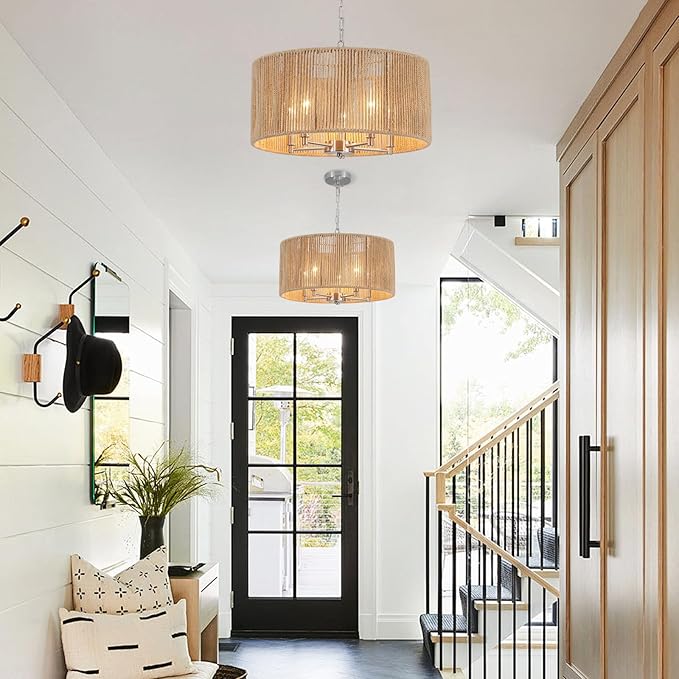 Boho Large Rattan Chandelier, 5-Lights Woven Pendant Light Fixture, 19" Dining Room Light Fixture Farmhouse Nickel Vintage Chandeliers Hanging Light for Living Room Kitchen Entryway Hallway Foyer