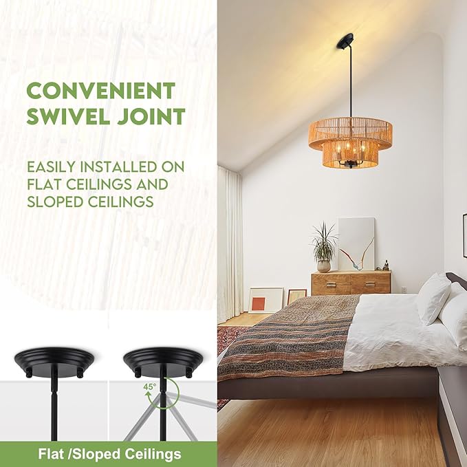 Rattan Pendant Light Boho Wicker Chandelier Kitchen Island Lighting 2-Tier Drum Basket Hanging Light Woven Shade Dinning Room Light Fixture Living Room Bedroom Entrance Farmhouse Chandeliers
