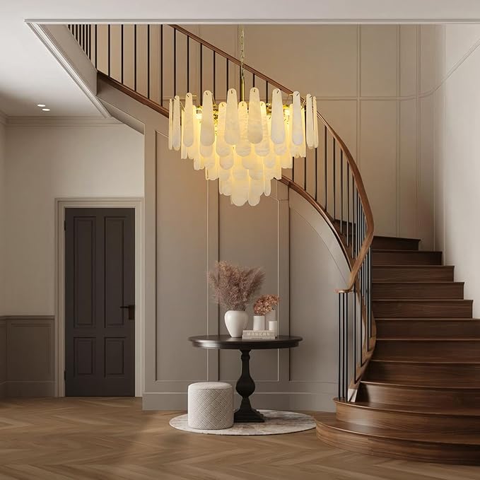 Alabaster Round Chandelier, 32 In 92 PCS Natural Spanish Marble Stone Texture Chandelier, 6-Tiers Modern Luxury Brass Chandeliers for Dining Room, Living Room, Bedroom, Entryway, Foyer(Bulbs Included)