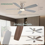 52inch Flush Mount Ceiling Fans with Lights and Remote Control/APP Control, DC Reversible Motor, Noiseless, Dimmable, Low Profile Nickel Ceiling Fan for Bedroom Indoor/Outdoor Use
