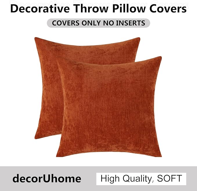 decorUhome Chenille Rust Fall Throw Pillow Covers 24x24 Inch Set of 2, Decorative Soft Couch Pillow Covers Solid Dyed Accent Velvet Farmhouse Neutral Square Pillow Cases for Sofa Bed Living Room