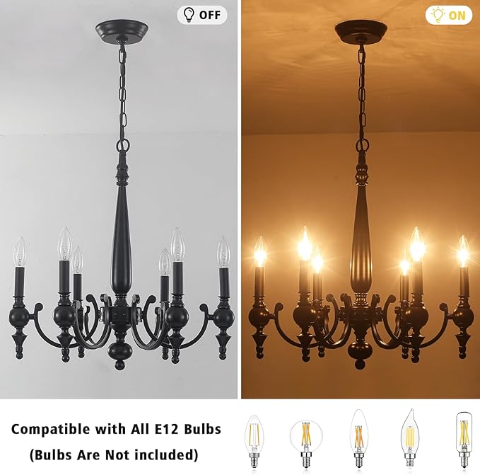 Farmhouse Chandelier, 6-Light Black Chandeliers for Dining Room Light Fixture Iron Metal Hanging Pendant Light, French Country Chandelier for Bedroom Kitchen Island Living Room UL-Listed