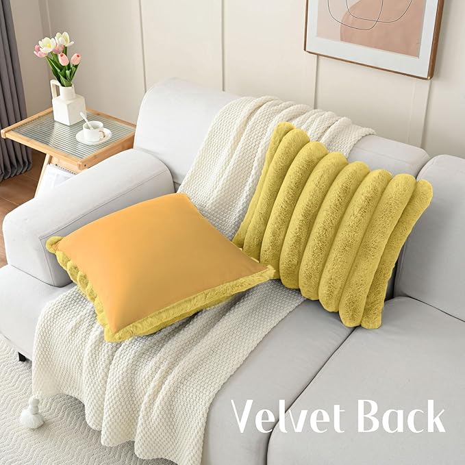 FUTEI Mustard Yellow Decorative Throw Pillow Covers 26x26 Inch Set of 2, Square Soft Faux Rabbit Fur Big Striped Pillow Sham,Home Decor for Couch Sofa Bed Living Room