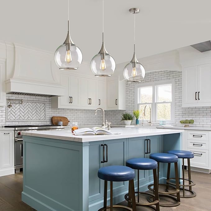 Pendant Lights Kitchen Island: 3 Pack Brushed Nickel Light Fixture Modern with Clear Glass - 10 Inch Mid Century Globe Kitchen Lighting Fixtures Ceiling for Bar