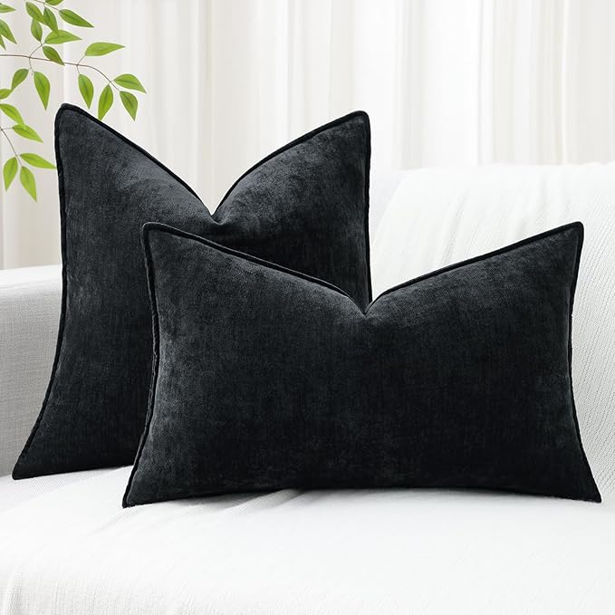 decorUhome Couch Throw Pillow Covers 20x20 Set of 2, Decorative Soft Euro Neutral Chenille Pillow Covers with Elegant Design for Sofa Bed Living Room Home Decor, Black