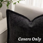 Black Decorative Throw Pillow Covers 12x20 Inch Set of 2 Cozy Soild Chenille Cushion Cases Soft Textured Lumbar Couch Pillows Cover Boho Accent Farmhouse Pillowcases for Sofa Bed