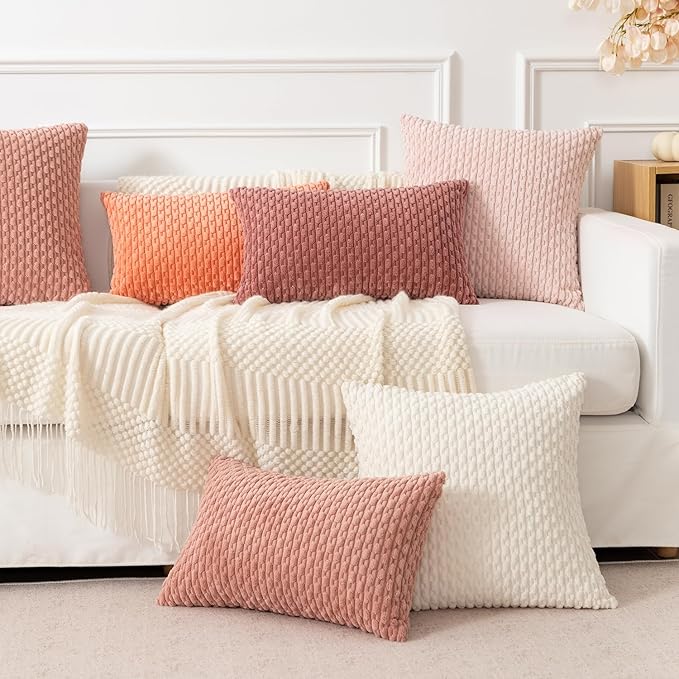 Kevin Textile Throw Pillow Covers Soft Corduroy Decorative Set of 2 Boho Striped Pillow Covers Pillowcases Valentines Day Farmhouse Home Decor for Couch Bed Sofa Living Room 18x18 Inch Blush Pink