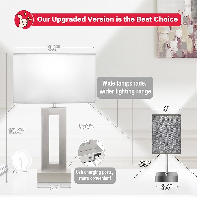 Bedroom Table Lamps Set of 2 - White Silver Touch Bedside Lamps with USB C+A, 3 Way Dimmable Gold Lamp for Nightstand, Modern Night Stands Lamps for Living Room End Tables