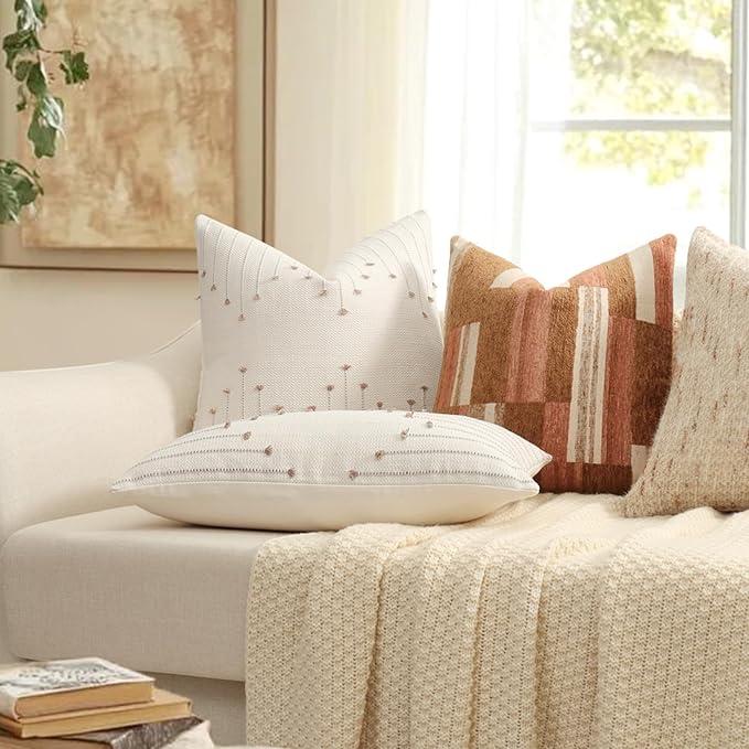 YCOLL Boho Throw Pillow Covers 20x20 Set of 2 Neutral Woven Decorative Pillowcases Cotton Tufted Couch Pillows Modern Farmhouse Accent Cushion Covers for Sofa Couch Bed Living Room Home Decor, Khaki