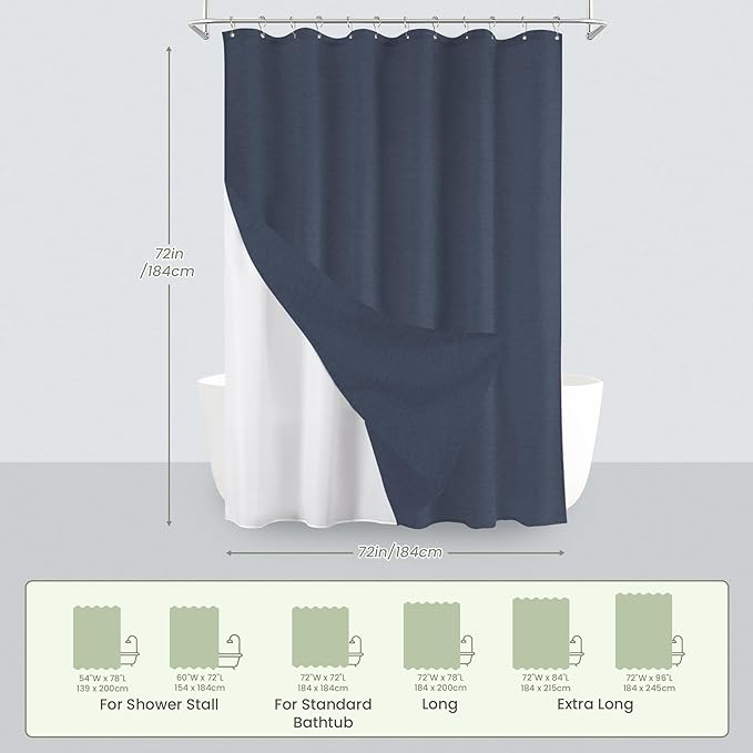 Inhousolu Boho Farmhouse Shower Curtain with Fabric Liner Set, Faux Linen Textured, 14 Metal Hooks Luxury Weighted Hem, Washable Wrinkle Free Bath Curtain for Hotel Bathroom 72" W x 72" L Navy Blue