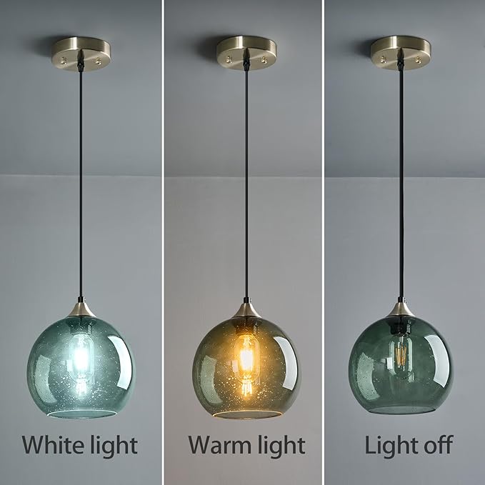 Gray Green Glass Pendant Lights Kitchen Island Lighting Globe Pendant Light Fixtures Modern Pendant Lighting for Bedroom Living Dining Room Light Fixture(7.87in, 2 Pack)