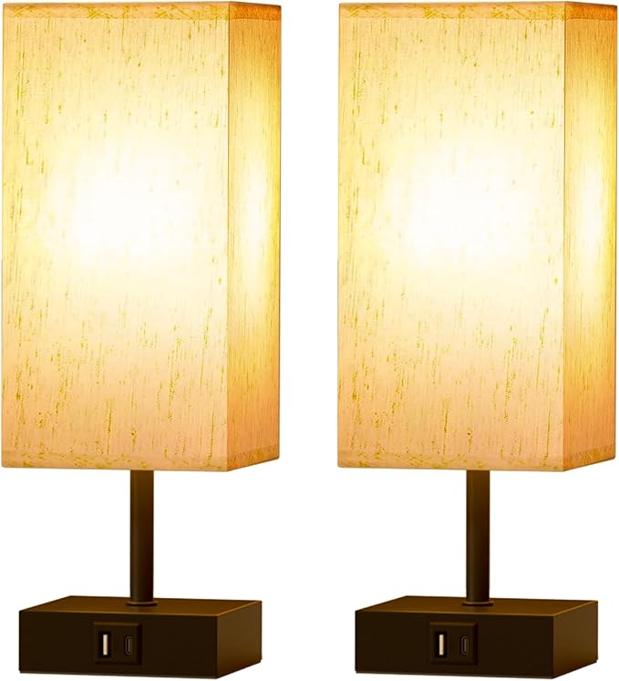 hansang Bedside Lamp, Touch Lamp with 3 Way Dimmable 2700K LED Bulb Touch Control USBA USBC Charging Port Black Base Linen Fabric Shade, Lamps for Bedroom Reading Room, 2 Pack
