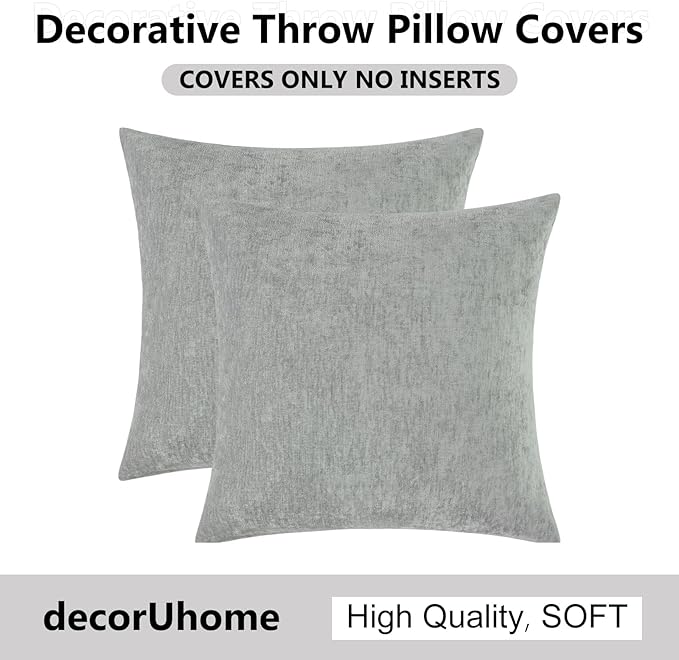 decorUhome Chenille Grey Throw Pillow Covers 16x16 Inch Set of 2, Decorative Soft Couch Pillow Covers Solid Dyed Accent Velvet Farmhouse Neutral Square Pillow Cases for Sofa Bed Living Room